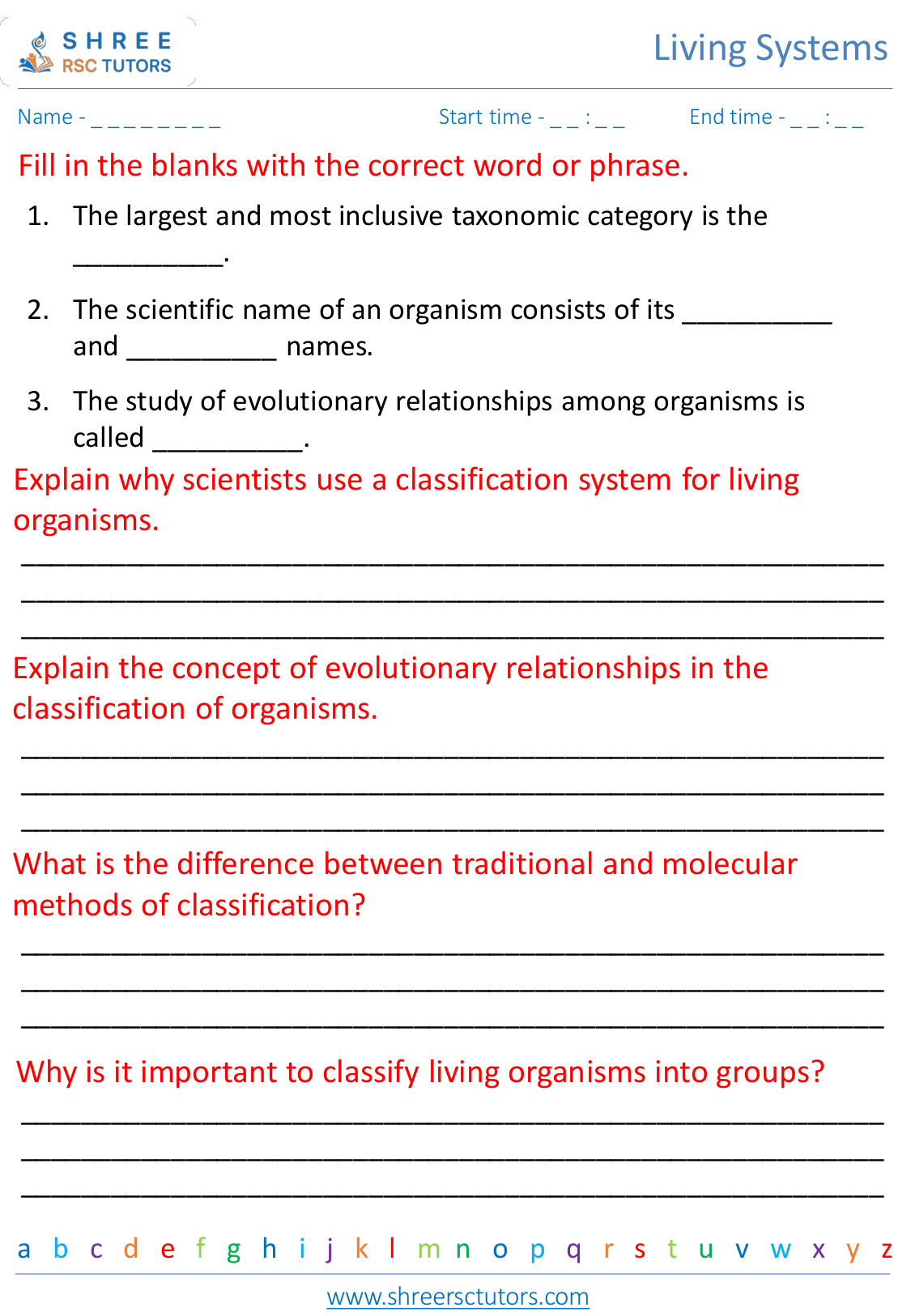 Classification of Living Organisms worksheets for Grade 6 Science